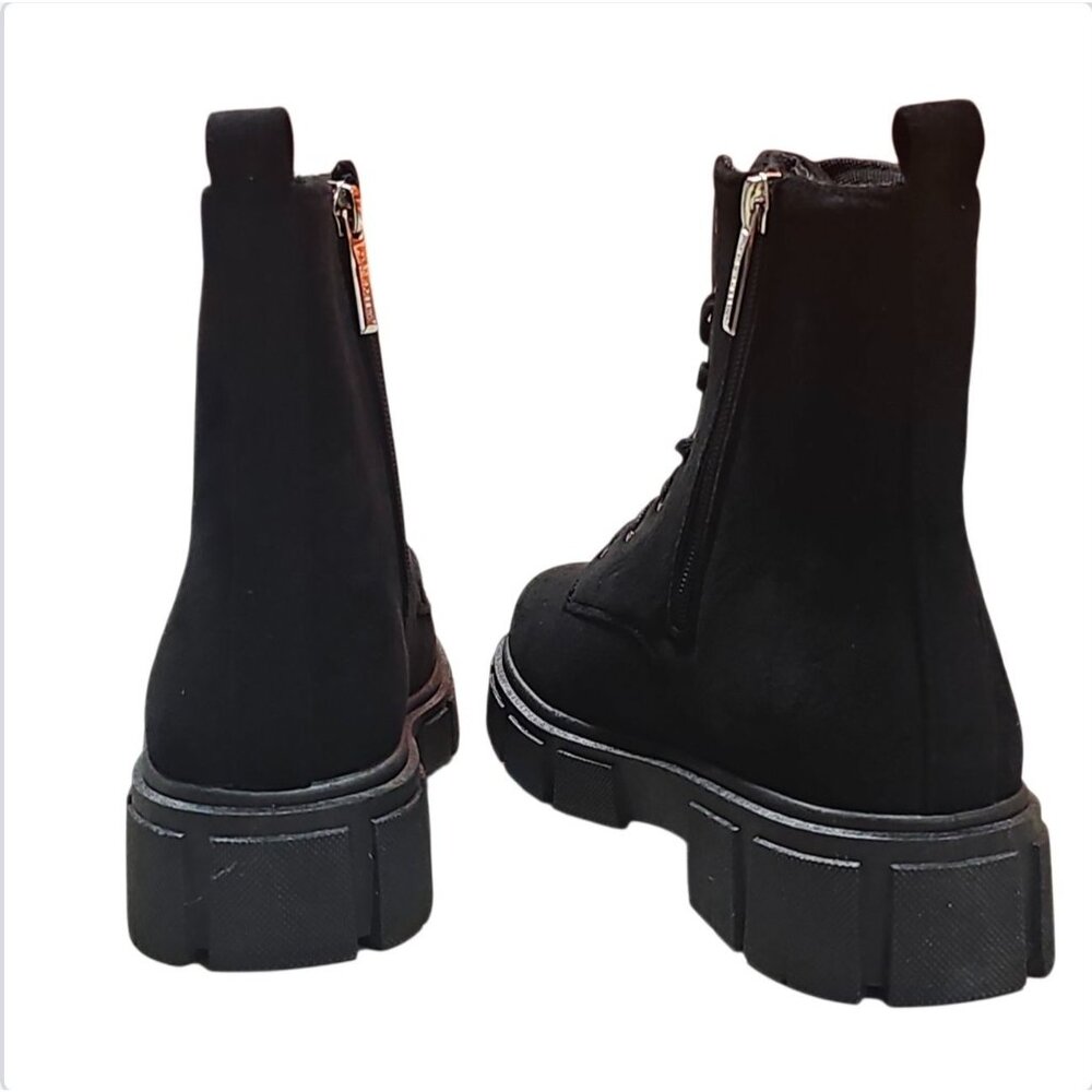 Black Chunky Platform Lace-Up Ankle Boots With Side Zipper Faux Suede Material W - Picture 3 of 7
